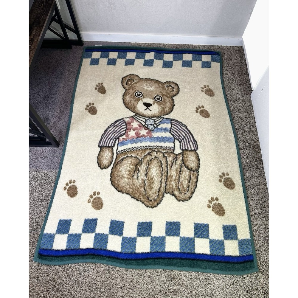 Vintage Biederlack Fleece Blanket Teddy Bear With Patriotic Sweater